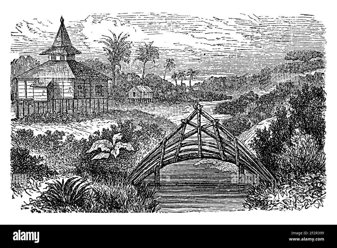 Ilustración del siglo 19th de la iglesia malaya y el puente de bambú. Grabado publicado en Systematischer Bilder-Atlas zum conversations-Lexikon, Ikonographi Foto de stock
