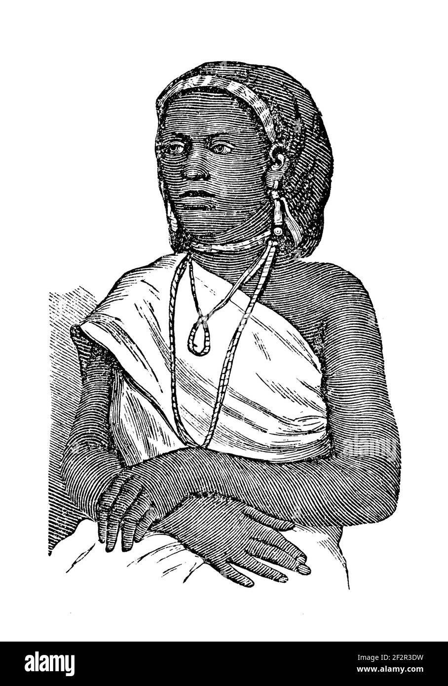 Ilustración del siglo 19th de una mujer de Mogadiscio. Grabado publicado en Systematischer Bilder-Atlas zum conversations-Lexikon, Ikonographische Enc Foto de stock