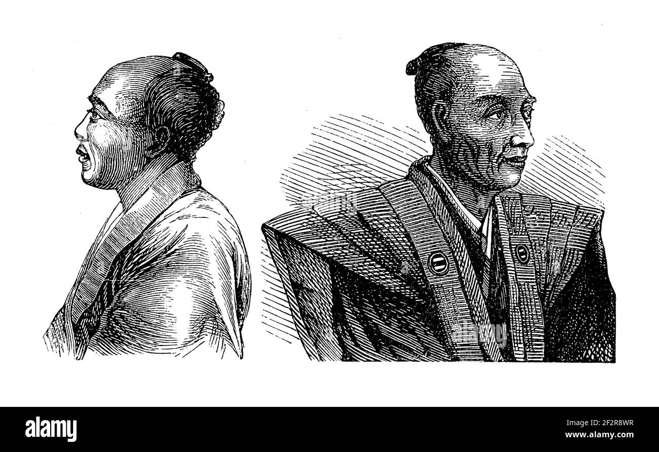 Ilustración antigua del siglo 19th de los hombres japoneses. Grabado publicado en Systematischer Bilder-Atlas zum conversations-Lexikon, Ikonographische Encyk Foto de stock
