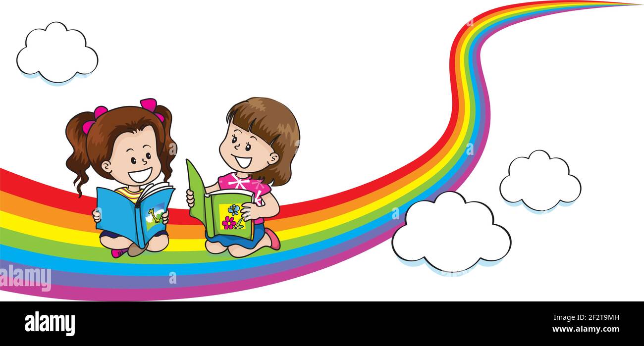 vector dibujos animados niños leyendo con fondo de arco iris Imagen Vector  de stock - Alamy