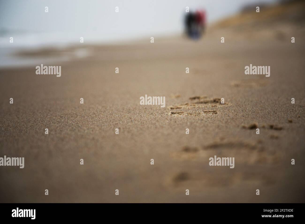 Huellas en una playa de arena con gente en el fondo Foto de stock