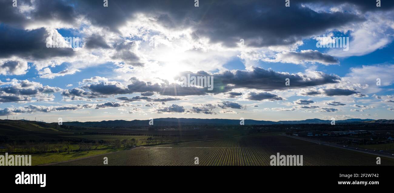 La luz del sol pasa a través de nubes bajas e ilumina un viñedo en Livermore, California. Algunos de los mejores viñedos del mundo existen en esta región. Foto de stock