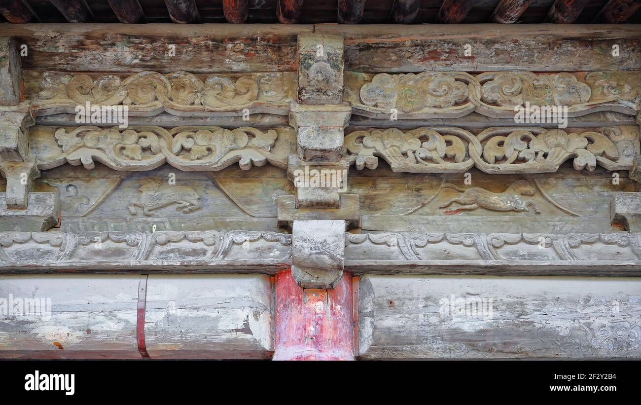 Dougong bracket-Reclining Buddha Hall-DAFO Si Gran Templo Buda. Provincia de Zhangye-Gansu-China-1255 Foto de stock