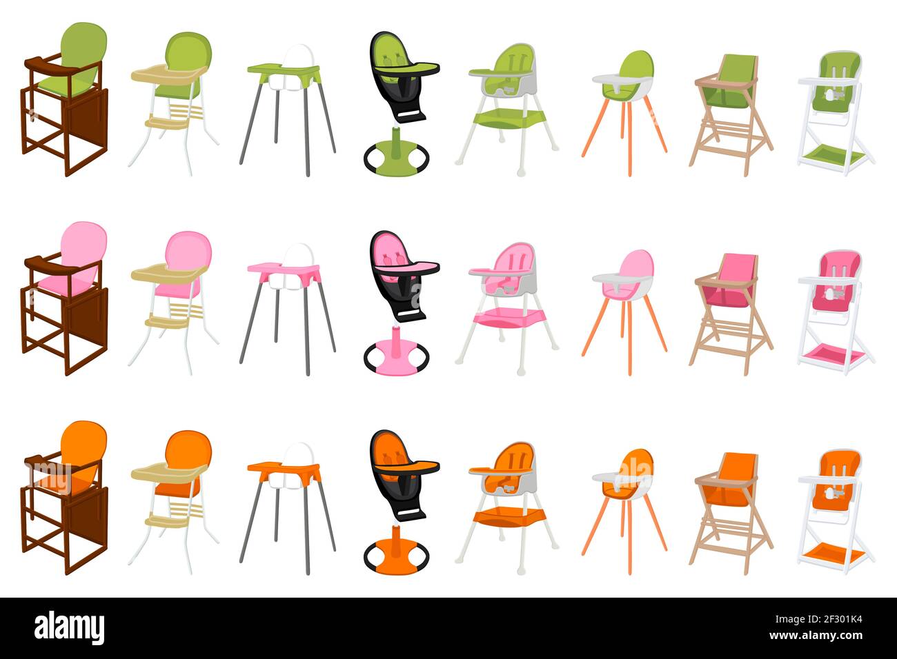 Ilustración sobre el tema silla alta moderna y colorida para la  alimentación del bebé. Dibujo que consiste en una colección de diseños de  colores silla para niños en las piernas altas. Ki