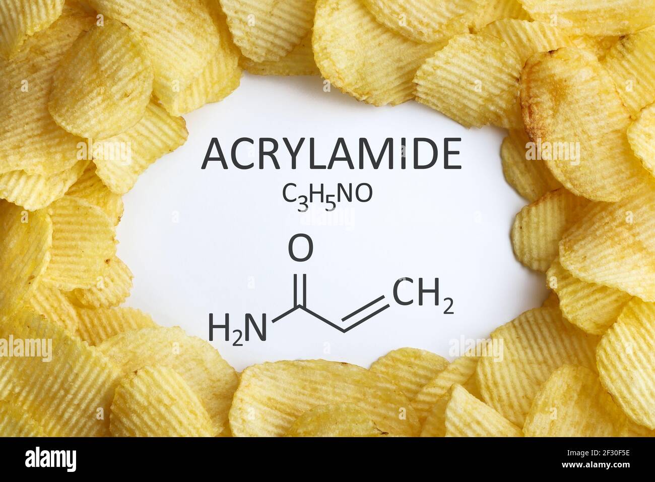 Acrilamida en los alimentos. Chips comida de bocadillo y fórmula química de acrilamida Foto de stock