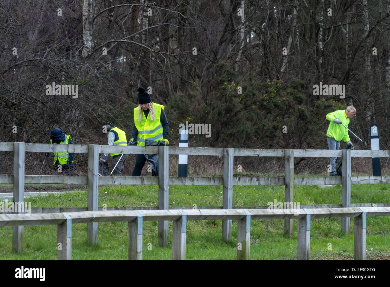 Los voluntarios pican basura en el campo usando ropa de alta visibilidad, Reino Unido. Enyesando verjas al borde de la carretera. Foto de stock