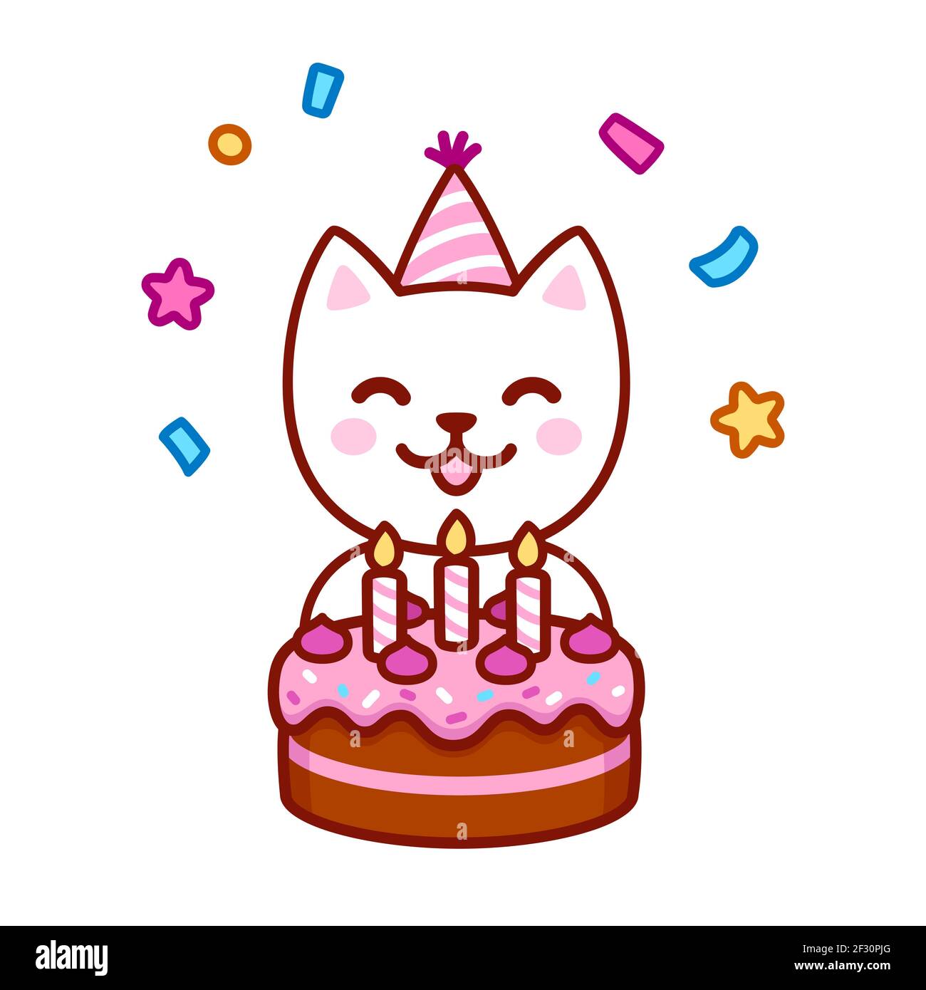 Lindo gato de dibujos animados en sombrero de fiesta soplando velas en  pastel de cumpleaños. Feliz cumpleaños saludo diseño duro. Ilustración  vectorial de kawaii Imagen Vector de stock - Alamy