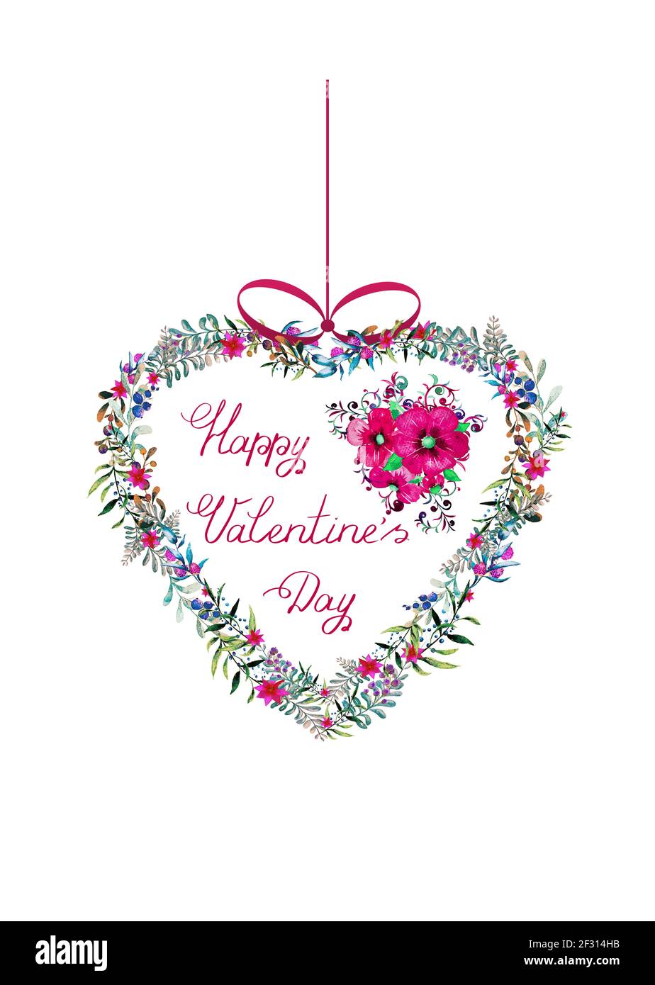 Día de San Valentín colorido corazón con plantas verdes y flores aisladas Foto de stock