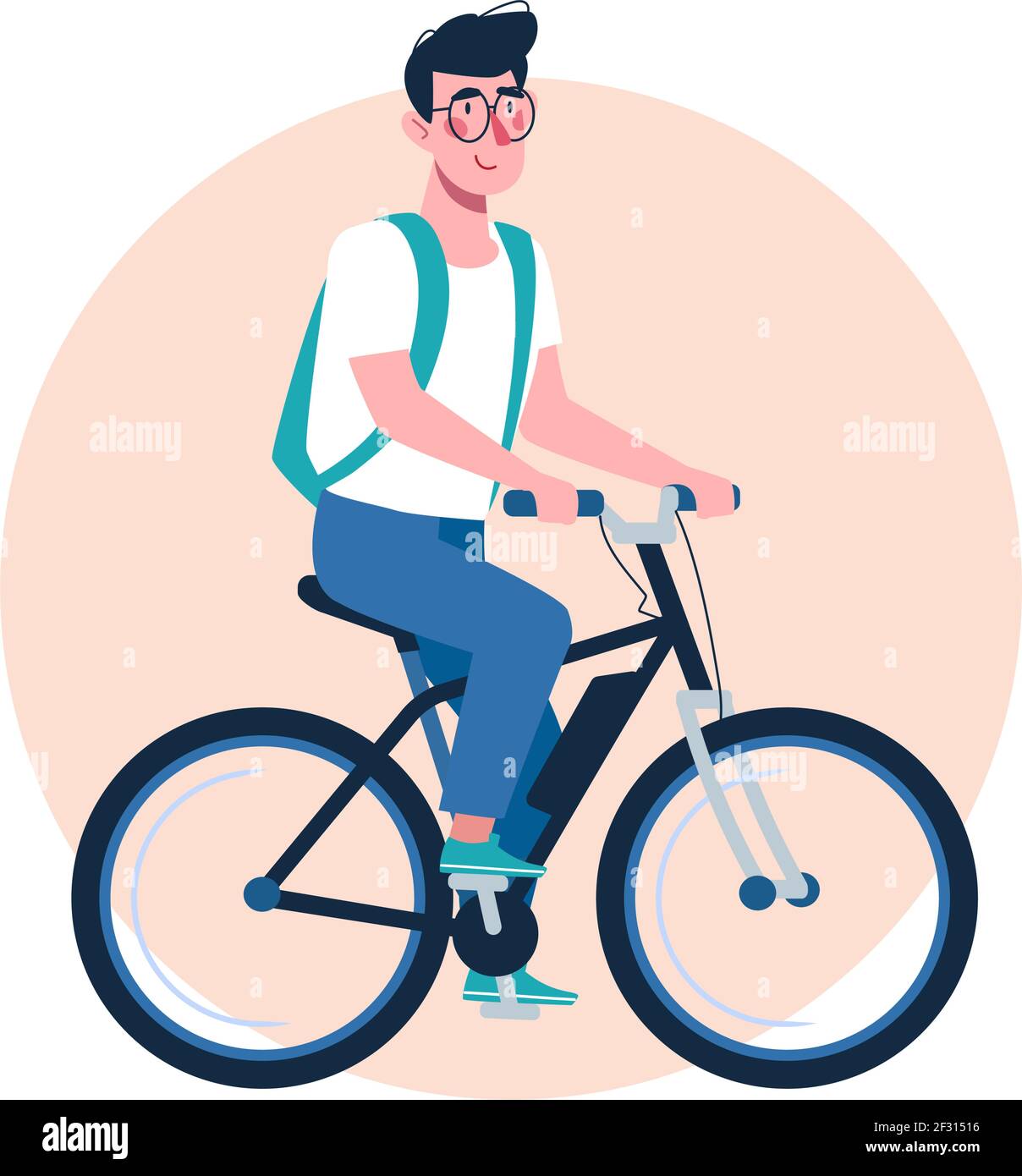 El niño está montando en bicicleta. El niño con gafas va a la
