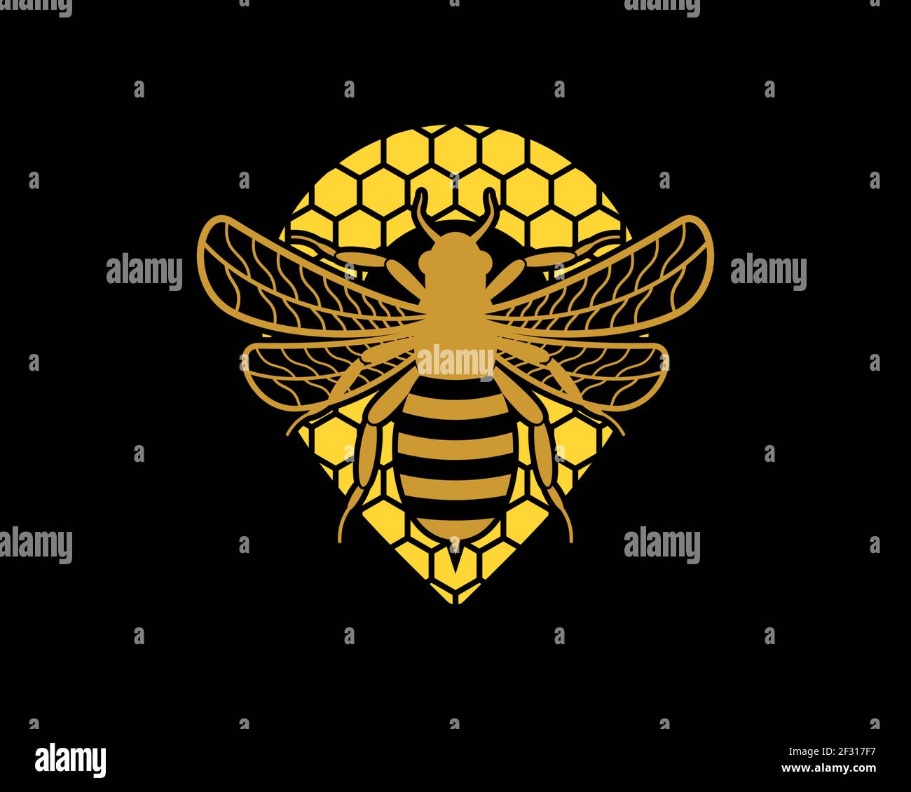 Abeja voladora en la colmena con forma de localización de alfiler Foto de stock