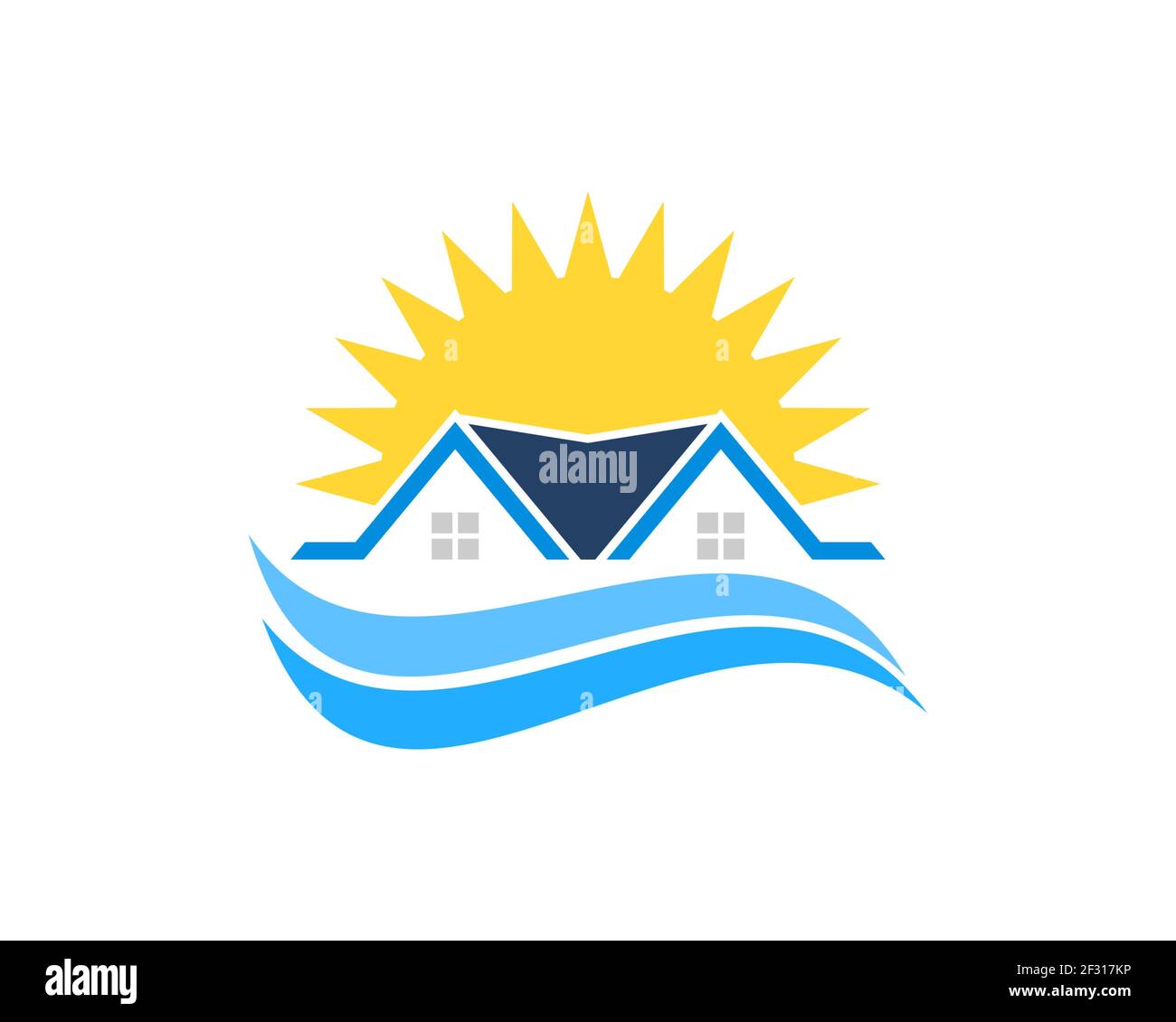Casa sencilla con olas de playa y sol brillante Foto de stock