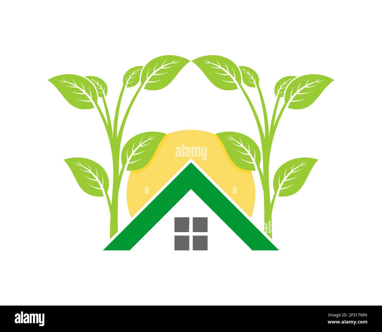 Casa verde con árbol de plantación Foto de stock