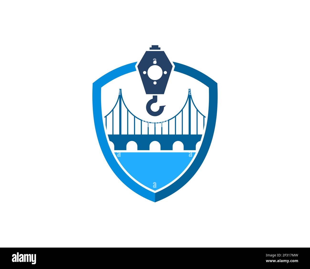 Escudo con puente y grúa de construcción Foto de stock