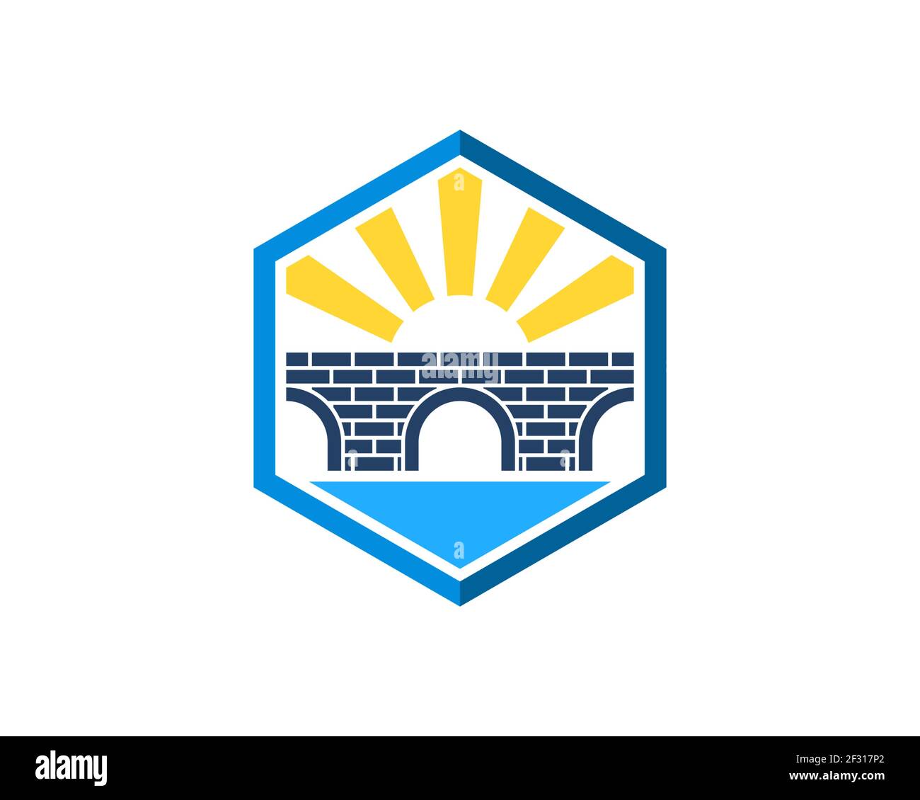 Forma hexagonal con puente y sol brillante Foto de stock