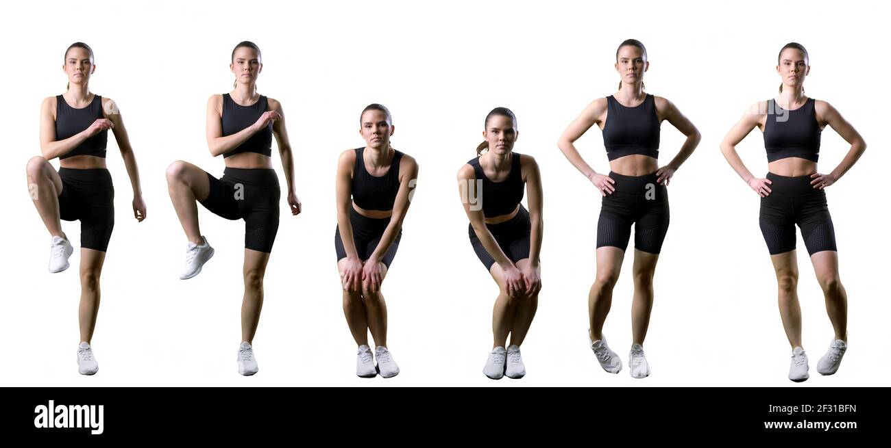 Conjunto de corredoras activas que calientan piernas, tobillos y caderas  ejercicios. Cuerpo entero aislado sobre fondo blanco Fotografía de stock -  Alamy