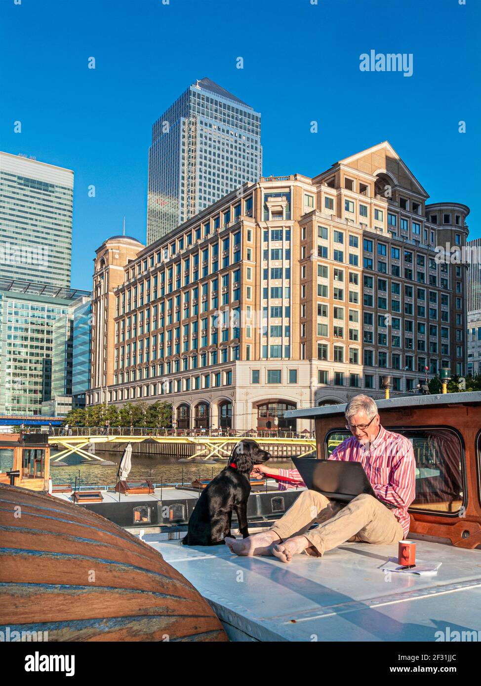 Hombre maduro 50-55 años trabajando en ordenador portátil con su perro spaniel fuera en su barco de barcaza de oficina, oficinas detrás de Canary Wharf Londres E14 Reino Unido Foto de stock