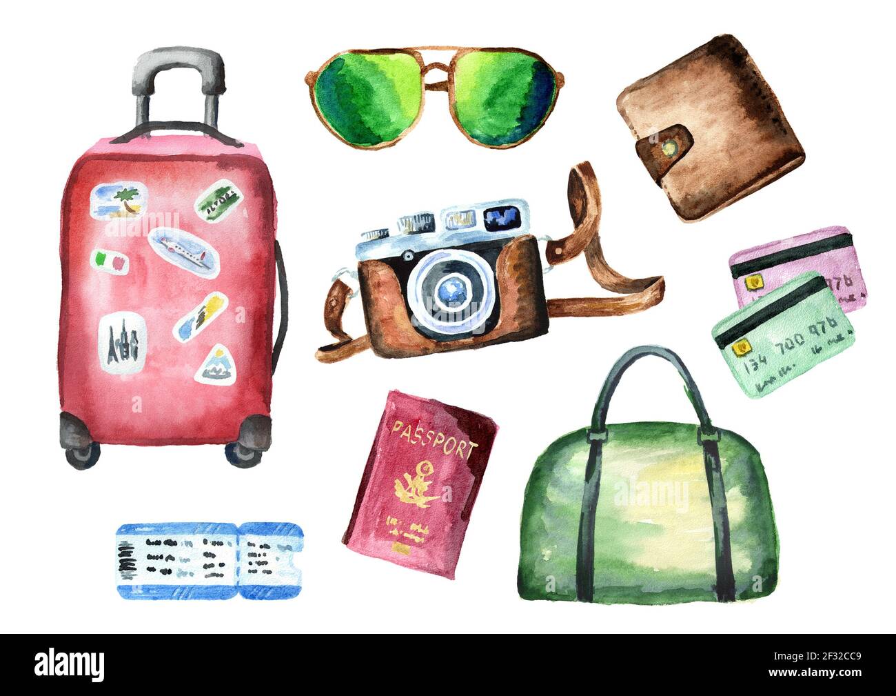 Conjunto turístico con maleta, bolsa, pasaporte, billete, cartera, tarjetas  de crédito, cámara y gafas de sol. Aislado sobre fondo blanco. Acuarela  arrastrada a mano Fotografía de stock - Alamy