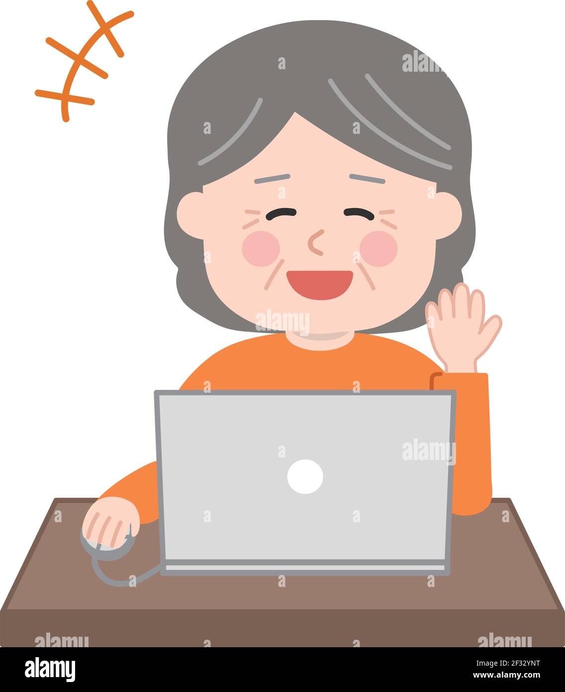 Mujer anciana riendo mirando un ordenador portátil. Ilustración vectorial aislada sobre fondo blanco. Ilustración del Vector