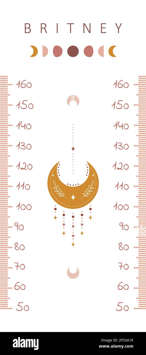 Tabla de altura para niños. Pared de metro con linda luna boho