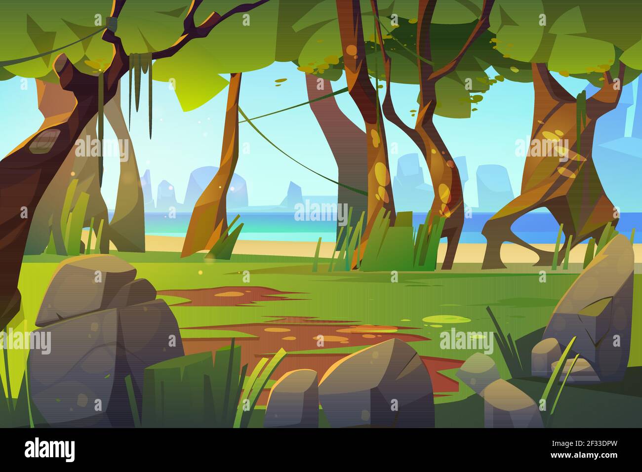 Paisaje de dibujos animados con vistas al bosque y al mar, la naturaleza Imagen Vector de stock - Alamy Paisaje de dibujos animados con vistas al bosque y al mar, la naturaleza Imagen Vector de stock - Alamy