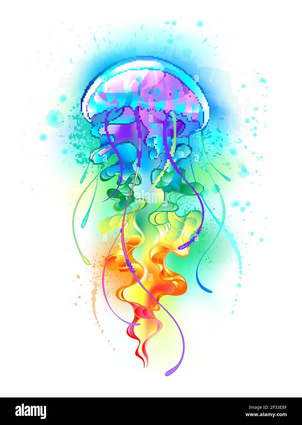 Medusas grandes, iridiscentes, artísticamente dibujadas, brillantes, con largos tentáculos sobre blanco, pintadas sobre fondo de color acuoso multicolor. Arco iris j Ilustración del Vector