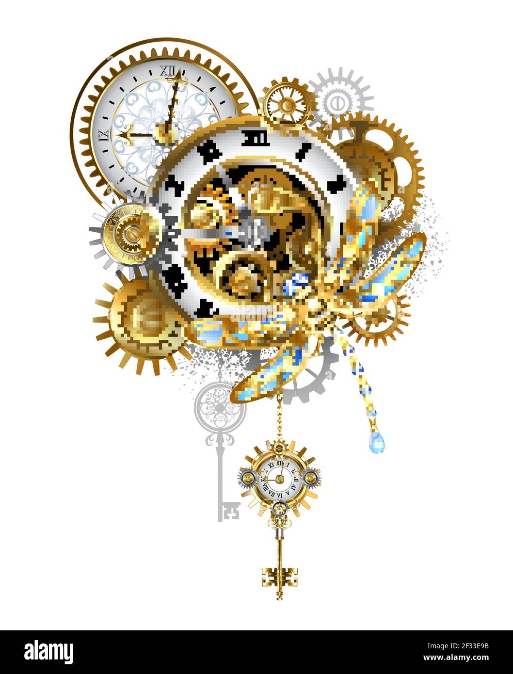 Libélula mecánica con alas azules y reloj antiguo dorado, engranajes dorados sobre fondo blanco. Estilo Steampunk. Ilustración del Vector