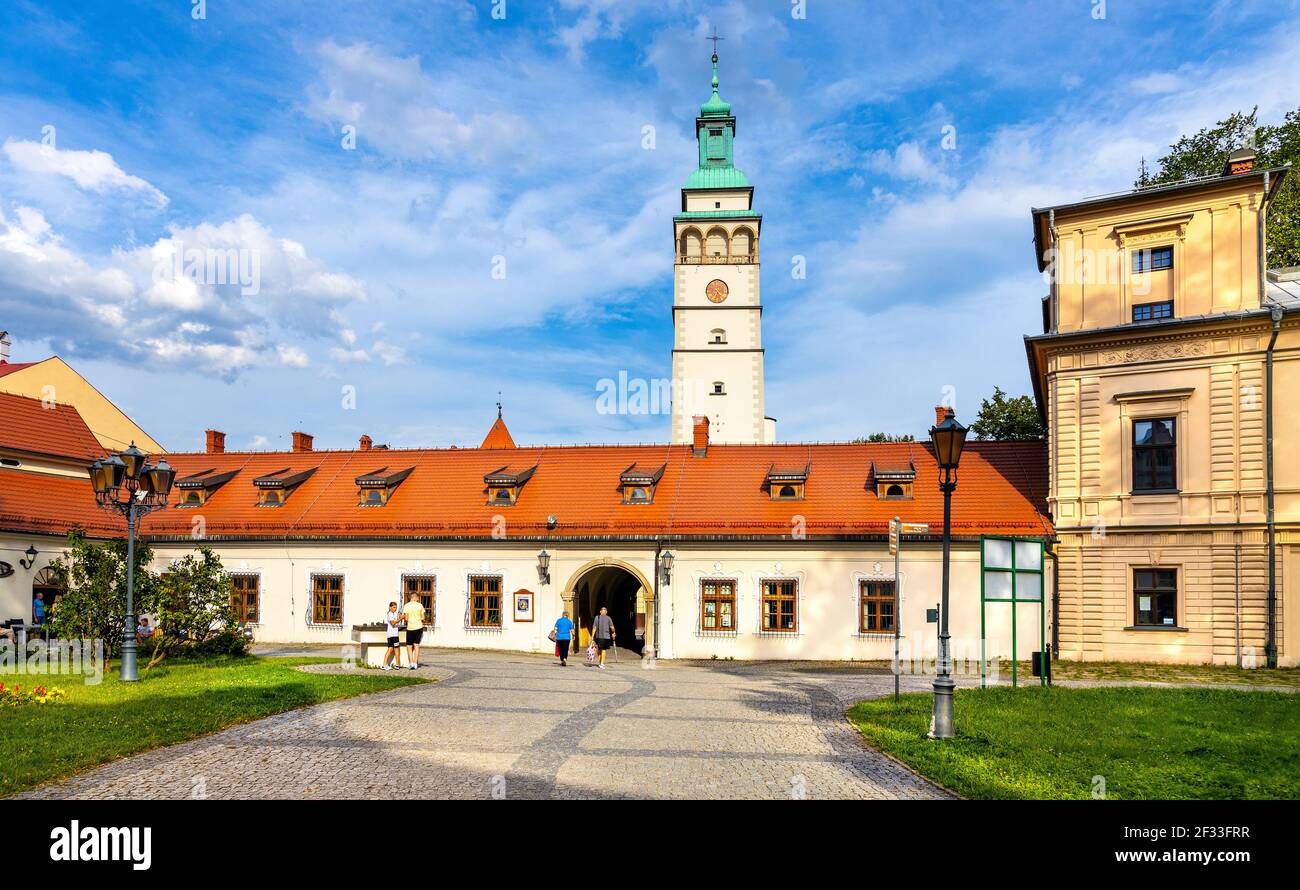 Zywiec, Polonia - 30 de agosto de 2020: Puerta principal al Palacio de los Habsburgo, Castillo Antiguo y Parque del Castillo de Zywiec con la torre de la catedral en el centro histórico de la ciudad Foto de stock