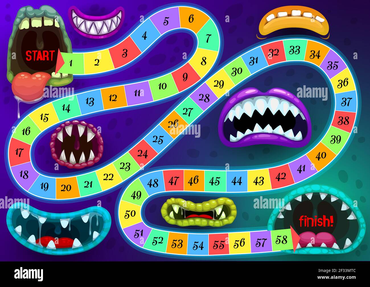 Plantilla de vector de juego de tablero de pasos para niños con bocas de  monstruo. Juego de mesa de dibujos animados con números, comienzo, fin y  bloquear el camino. Niños en educación