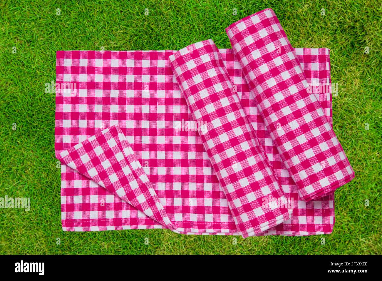Manta de picnic roja. Tela de picnic a cuadros rojos sobre hierba  exuberante borrosa inundada por el sol con enfoque en servilleta. Hermoso  telón de fondo para la colocación de su producto