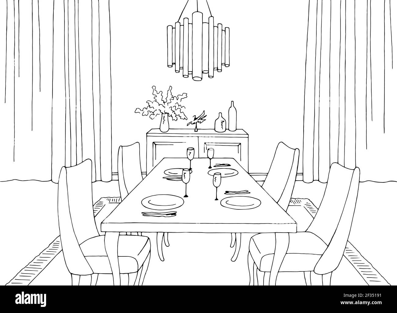 Comedor hogar interior gráfico blanco negro dibujo ilustración vector  Imagen Vector de stock - Alamy