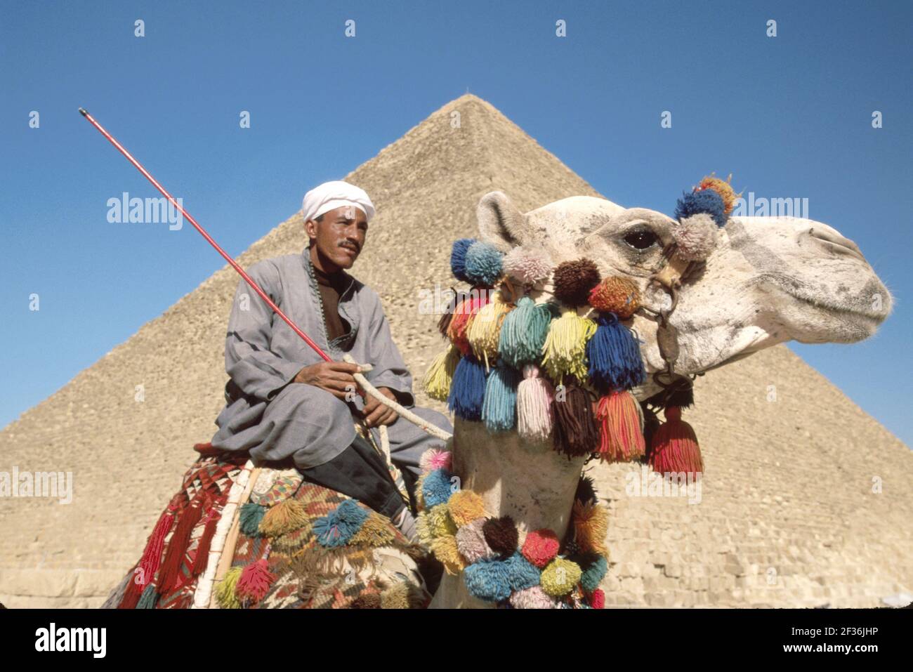 Cairo Egipto Egipto Giza egipcio Distrito Gran Pirámide de Kheops, construido 2600 a.C. Siete Maravillas del Mundo, hombre musulmán jinete camello que ofrece paseos, Foto de stock