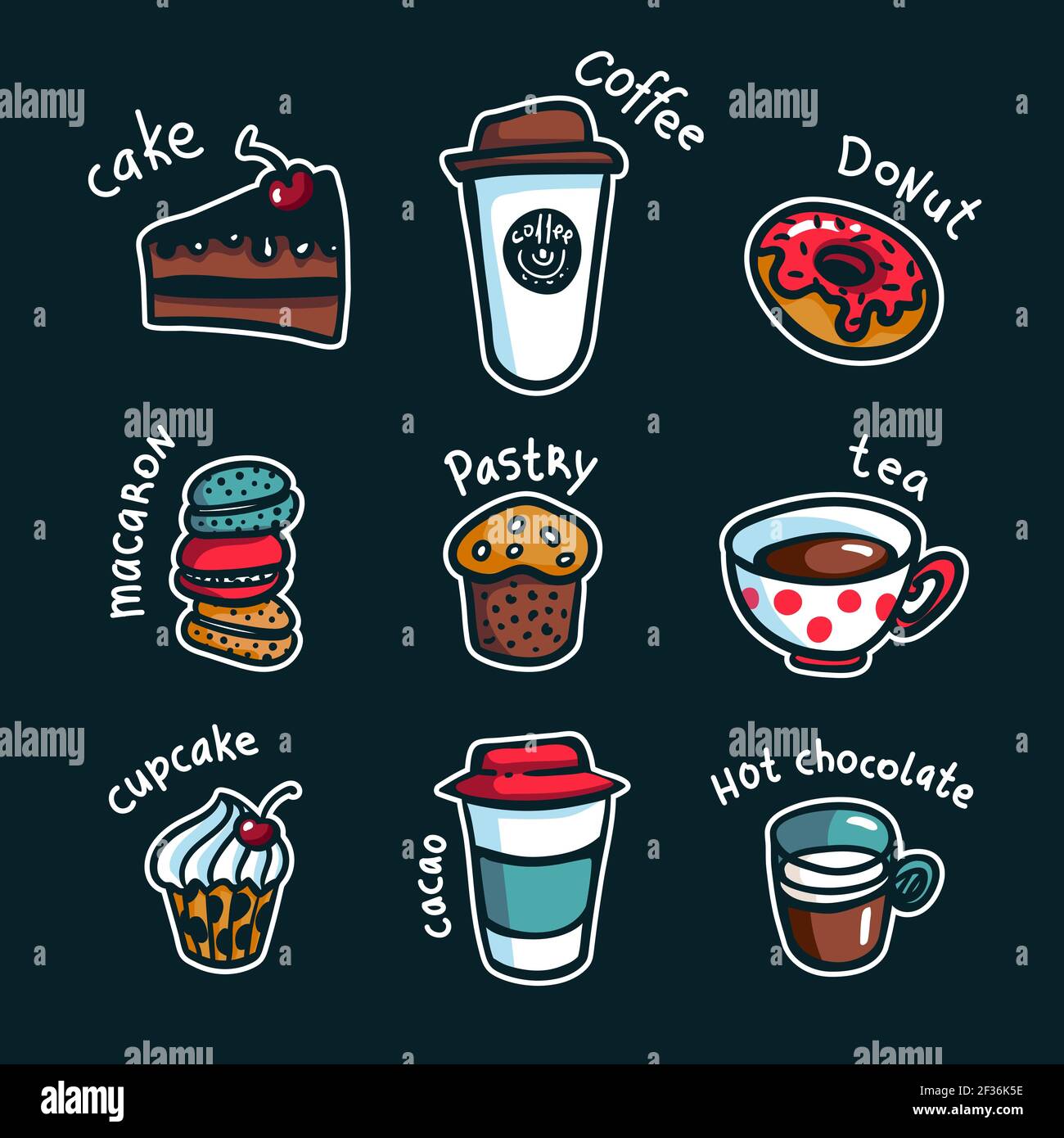 Set de café. Dibujos animados de estilo fideos de colores con objetos sobre un tema de café. Tazas de café y dulces con inscripciones sobre fondo oscuro. Excelente para mí Imagen Vector Set de café. Dibujos animados de estilo fideos de colores con objetos sobre un tema de café. Tazas de café y dulces con inscripciones sobre fondo oscuro. Excelente para mí Imagen Vector