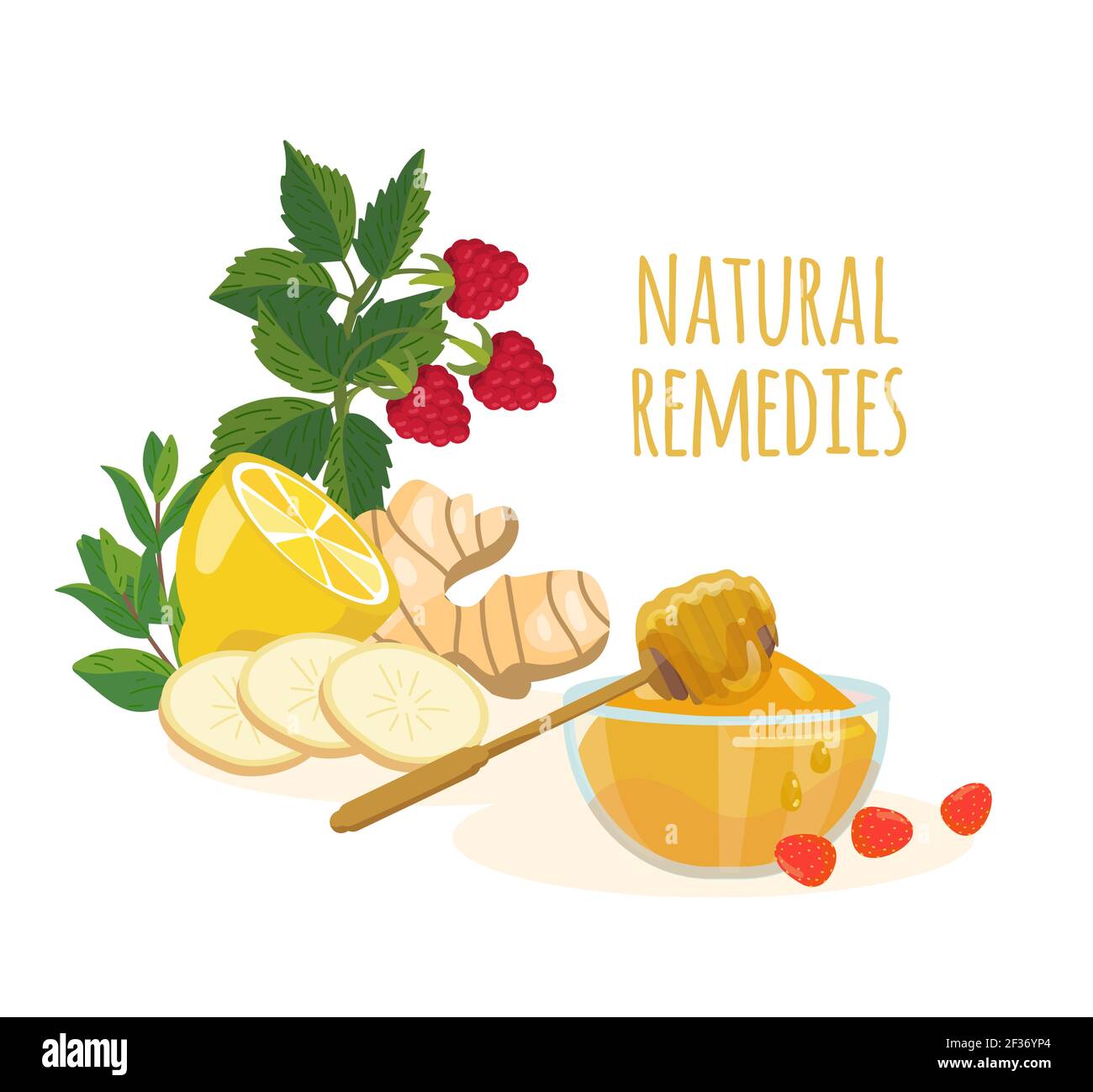 Remedios naturales ingredientes limón, jengibre, menta, frambuesa, miel. Concepto de medicina popular. Tratamientos en el hogar para resfriados, gripe, secreción nasal, fiebre e inmunidad Ilustración del Vector