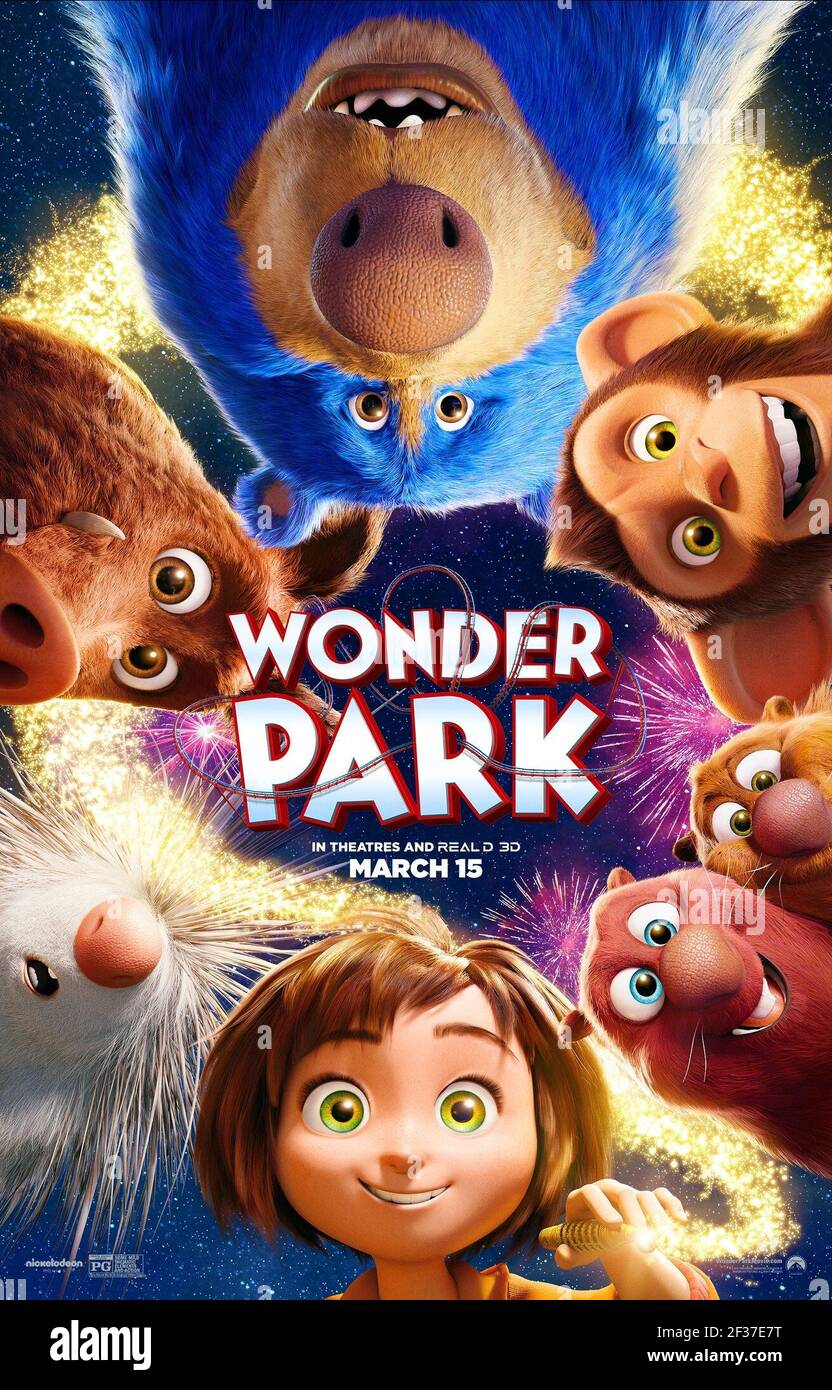 GRETA, STEVE, BOOMER, JUNIO, CACAHUETE, GUS, COOPER POSTER, WONDER PARK, 2019, ©PARAMOUNT ANIMATION Foto de stock