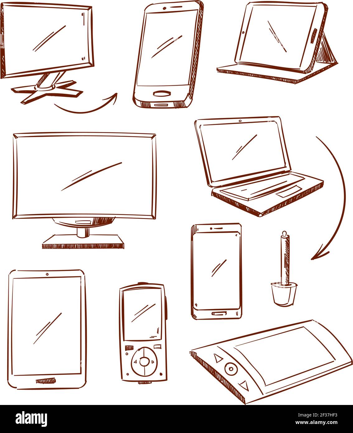 Tableta de dispositivo dibujado a mano, pc, portátil, teléfono inteligente  doodle línea de vectores iconos. Ilustración de croquis de portátiles y  dispositivos digitales Imagen Vector de stock - Alamy