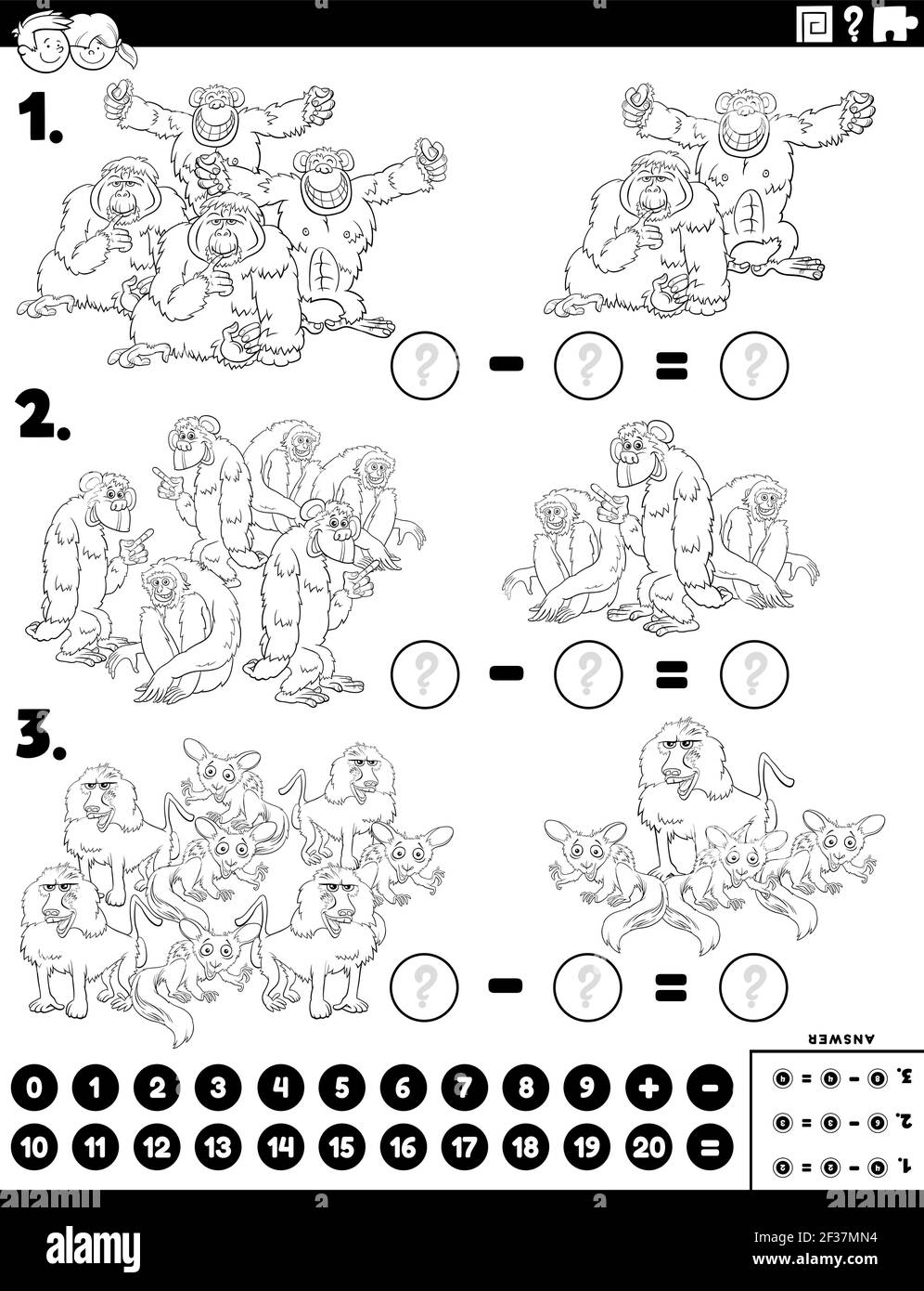 Dibujo de dibujos animados en blanco y negro del rompecabezas de la resta matemática educativa tarea para los niños con simios y monos personajes de animales colorear Imagen Vector de stock -