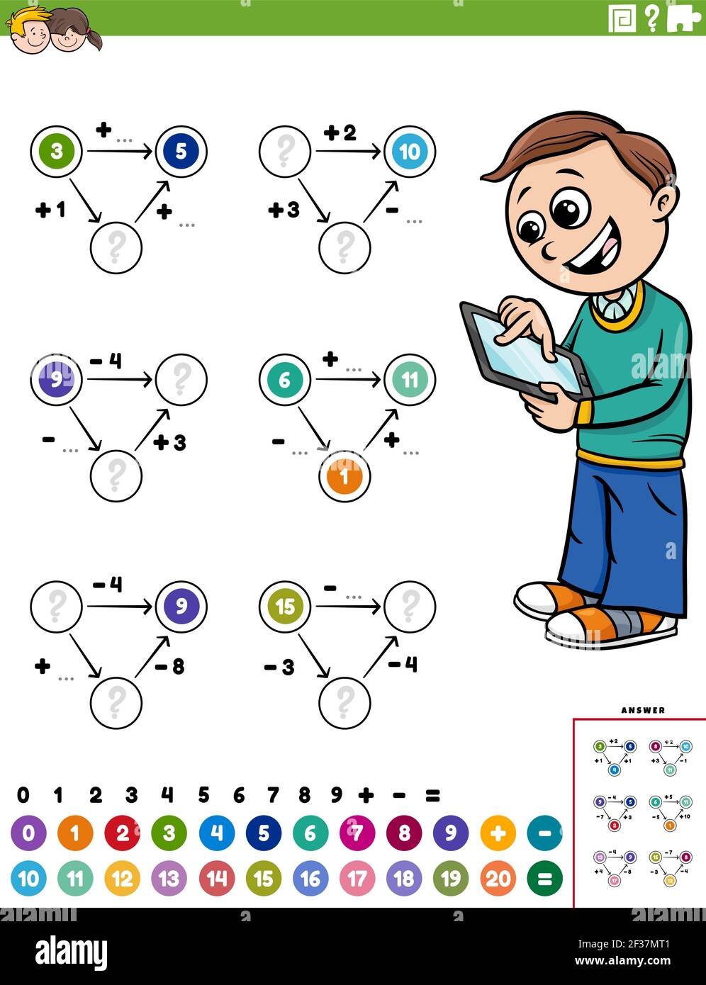Ilustración de dibujos animados de la tarea de cálculo matemático educativo  para niños con página de hoja de cálculo de niño y tableta Imagen Vector de  stock - Alamy
