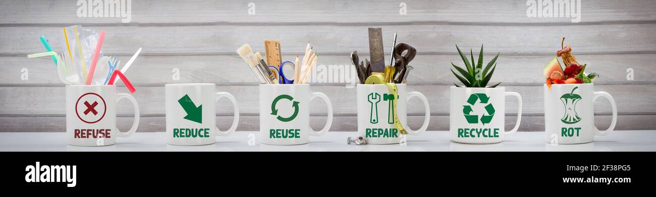 Gestión de cero residuos, ilustrado en 6 mugs con contenido relevante. Rechazar, reducir, reciclar, reparar, reutilizar, pudrirse. Estilo de vida ecológico, una vida sostenible Foto de stock