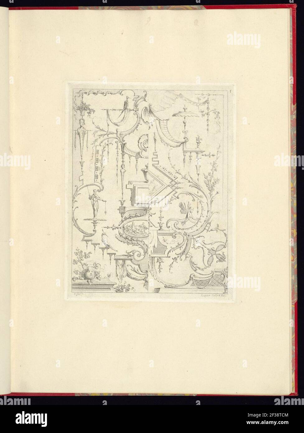 Imprimir, nouveau livre de princpes d'ornements particulièrement pour trouver un nombre infini de formes qui dependent, d'après les dessins de Gillot. Peintre du Roy, gravé par Huquier; pl. 5 Foto de stock