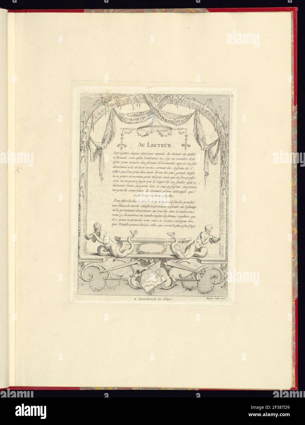 Imprimir, nouveau livre de princpes d'ornements particulièrement pour trouver un nombre infini de formes qui dependent, d'après les dessins de Gillot. Peintre du Roy, gravé par Huquier; pl. 2. Au Foto de stock