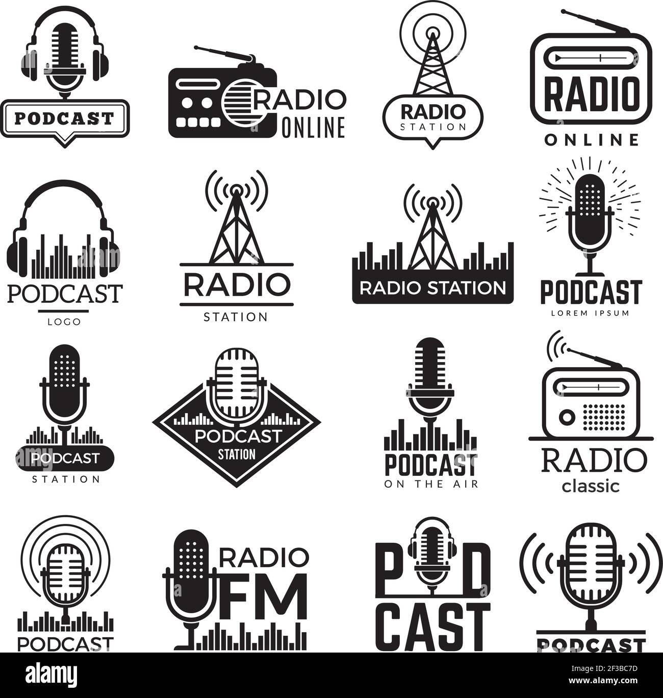 Logotipo de la emisora de radio. Music Studio podcast altavoz vector  insignias colección Imagen Vector de stock - Alamy