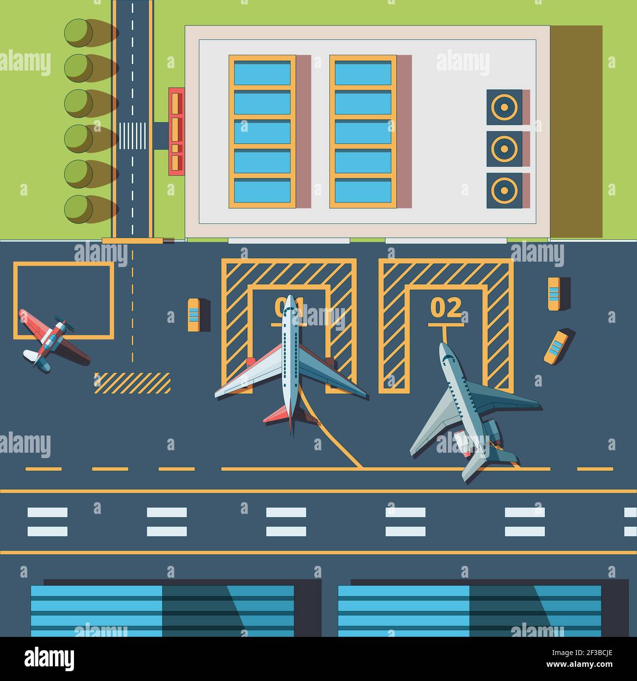 Vista superior del aeropuerto. Construcción de terminales y aeronaves civiles aeropuerto pista vector fondo Ilustración del Vector
