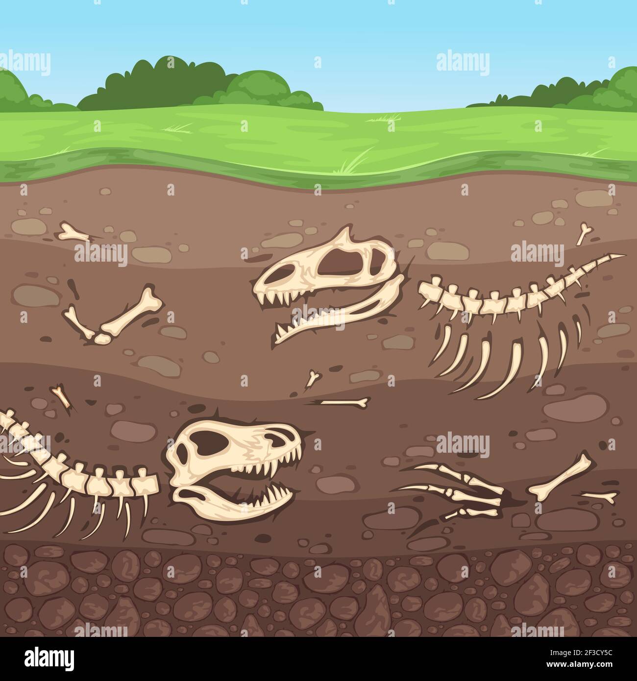 Huesos de arqueología. Huesos de dinosaurio subterráneos capas de suelo enterrado vector de arcilla ilustración de dibujos animados Ilustración del Vector