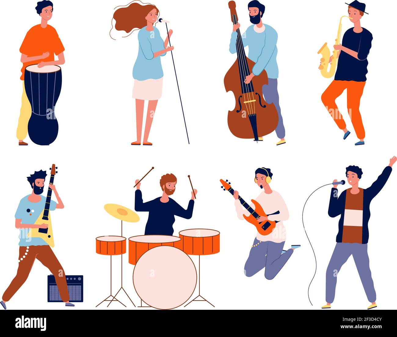 Personajes de la banda musical. Músicos del grupo de rock cantando y tocando en el instrumento tocando fondo vector escenario Ilustración del Vector