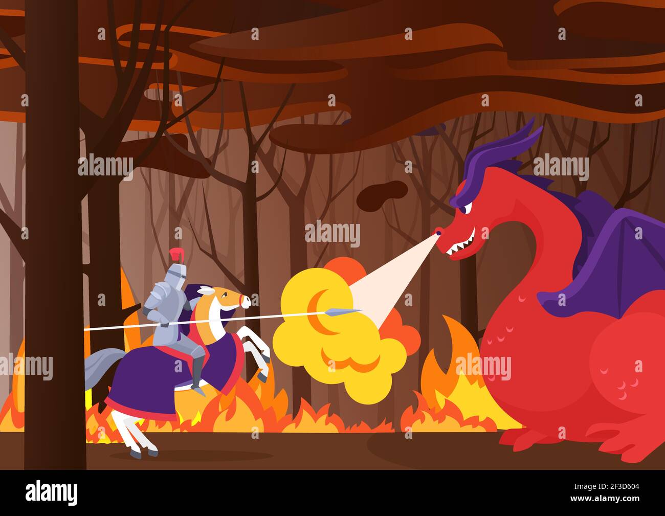 Caballero guerrero lucha dragón, héroe caballo con escudo y lanza en el bosque ardiente Ilustración del Vector
