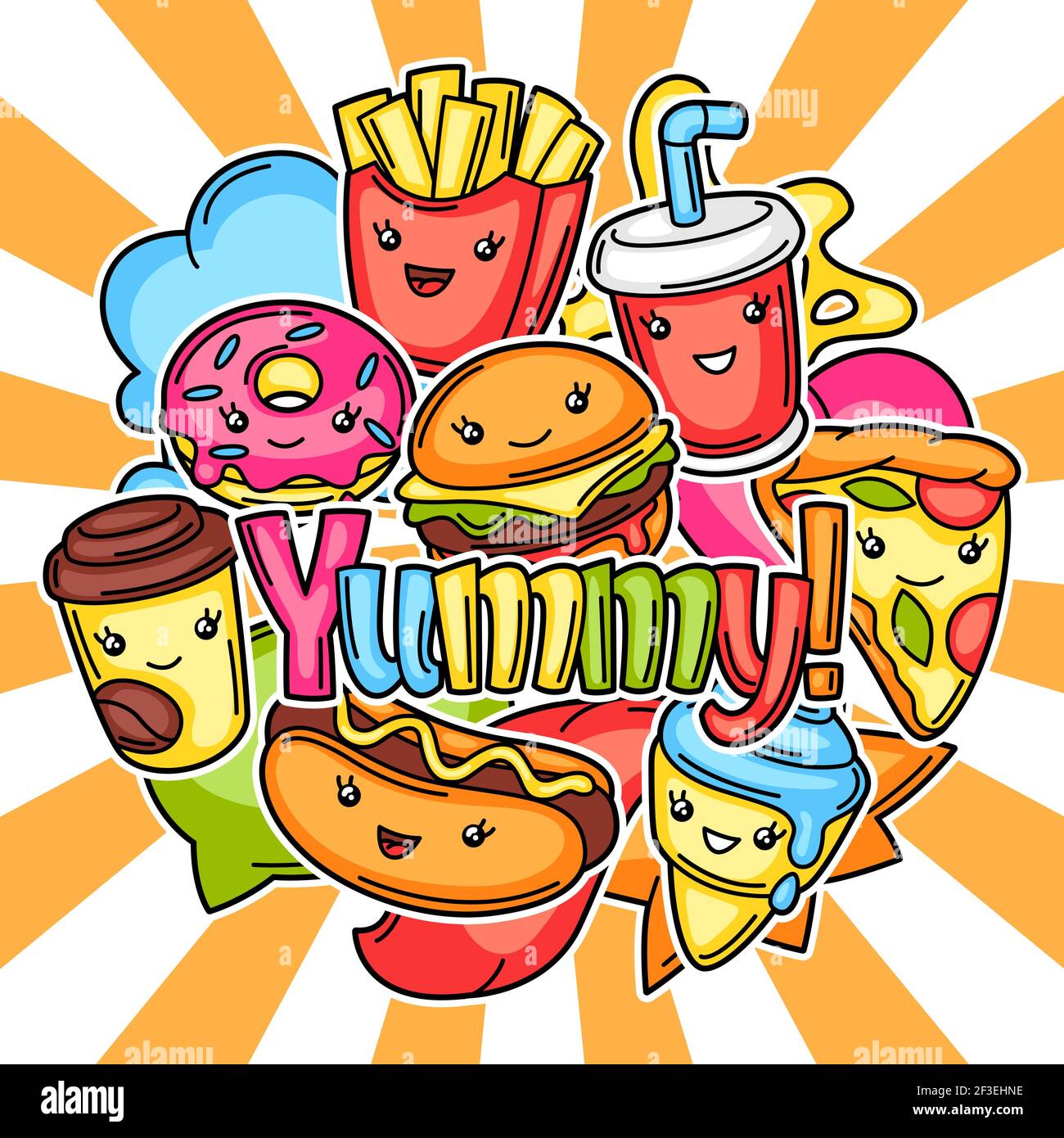 Fondo con comida rápida cute kawaii. Sabrosos personajes de comida rápida  Imagen Vector de stock - Alamy