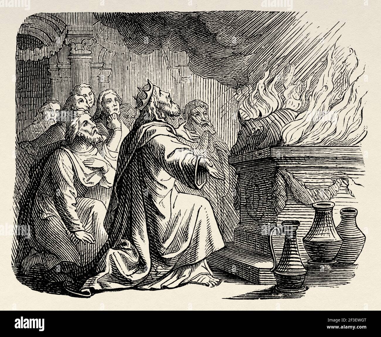 Rey Salomón orando y sacrificando a Dios después de terminar el templo.  Biblia, Antiguo Testamento, 2 Crónicas 7. Antiguo Testamento, Antiguo siglo  19th ilustración grabada de la Historia de la Biblia 1883