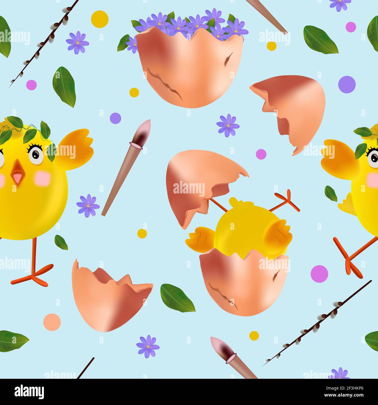 Patrón sin costuras con pollo de Pascua, flores, huevos, sauce coño.  Divertidos pollos de dibujos animados para su diseño. Ilustración vectorial  Imagen Vector de stock - Alamy