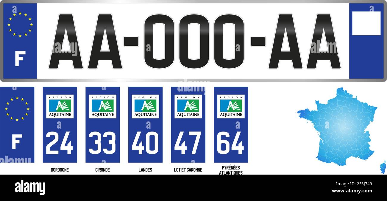 Aquitania, plantilla de matrícula regional francesa, detalle de la etiqueta lateral del departamento, ilustración vectorial, ejemplo de numeración Ilustración del Vector