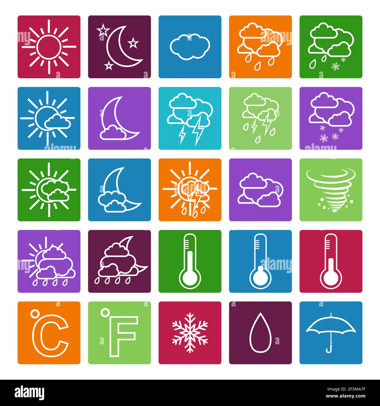 Iconos meteorológicos sobre fondo de color. Ilustración del Vector